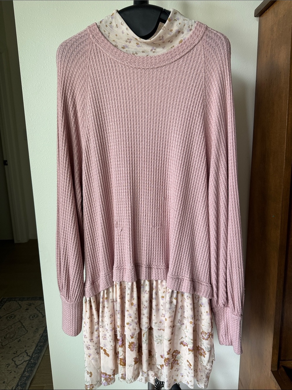 Free People Dusty Pink Long Sleeve Waffle Knit Dress with attached Floral Skirt